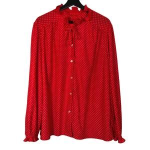 Red Polka Dot Blouse Ruffled Collar and Tie Button Front Shirt 2X Vintage Retro